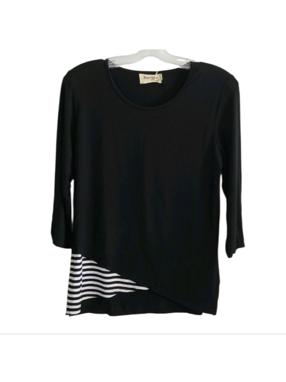 CREATION Bamboo Black solid with stripe accent Tunic Top Size Small NWT